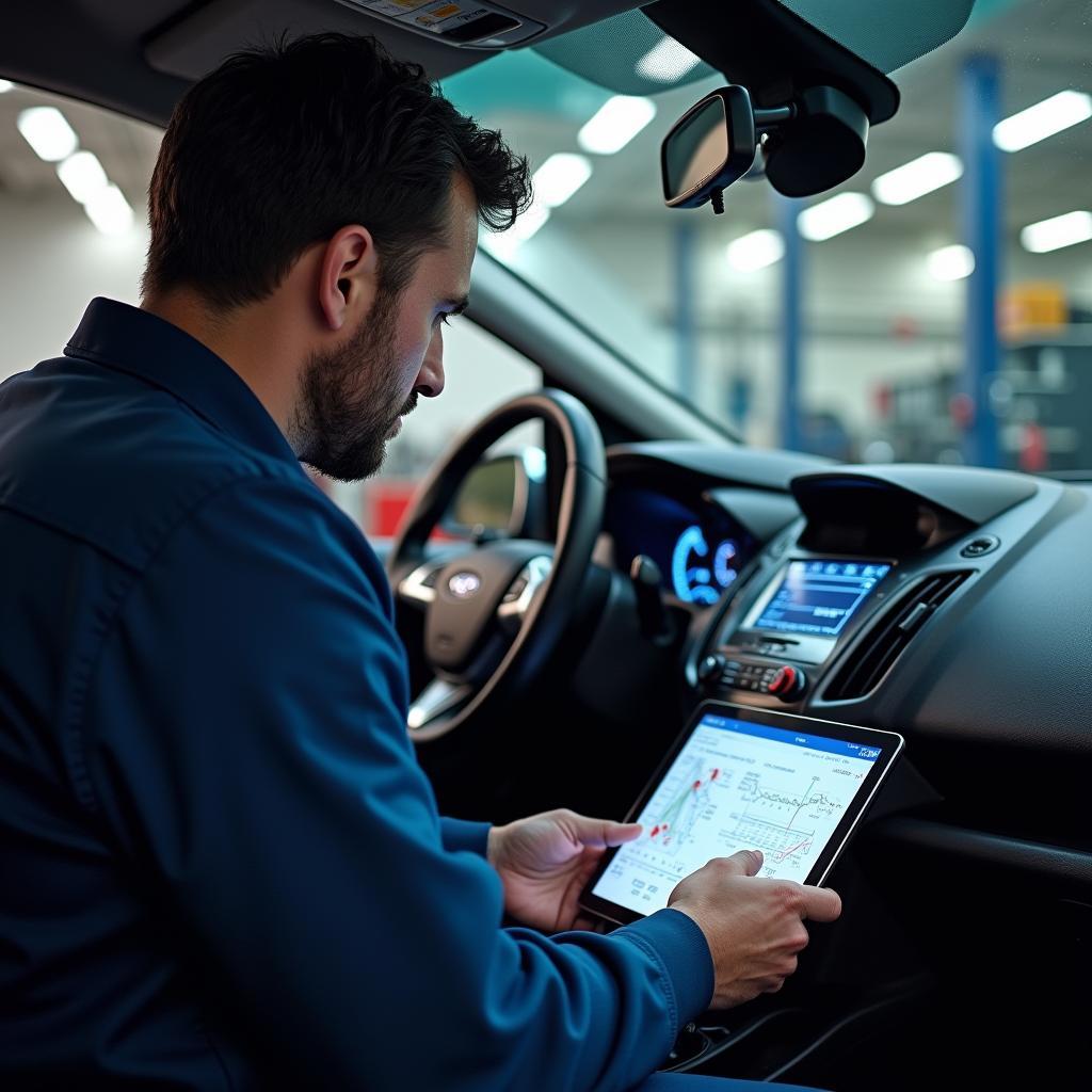 Modern diagnostic equipment being used on a Ford Fiesta