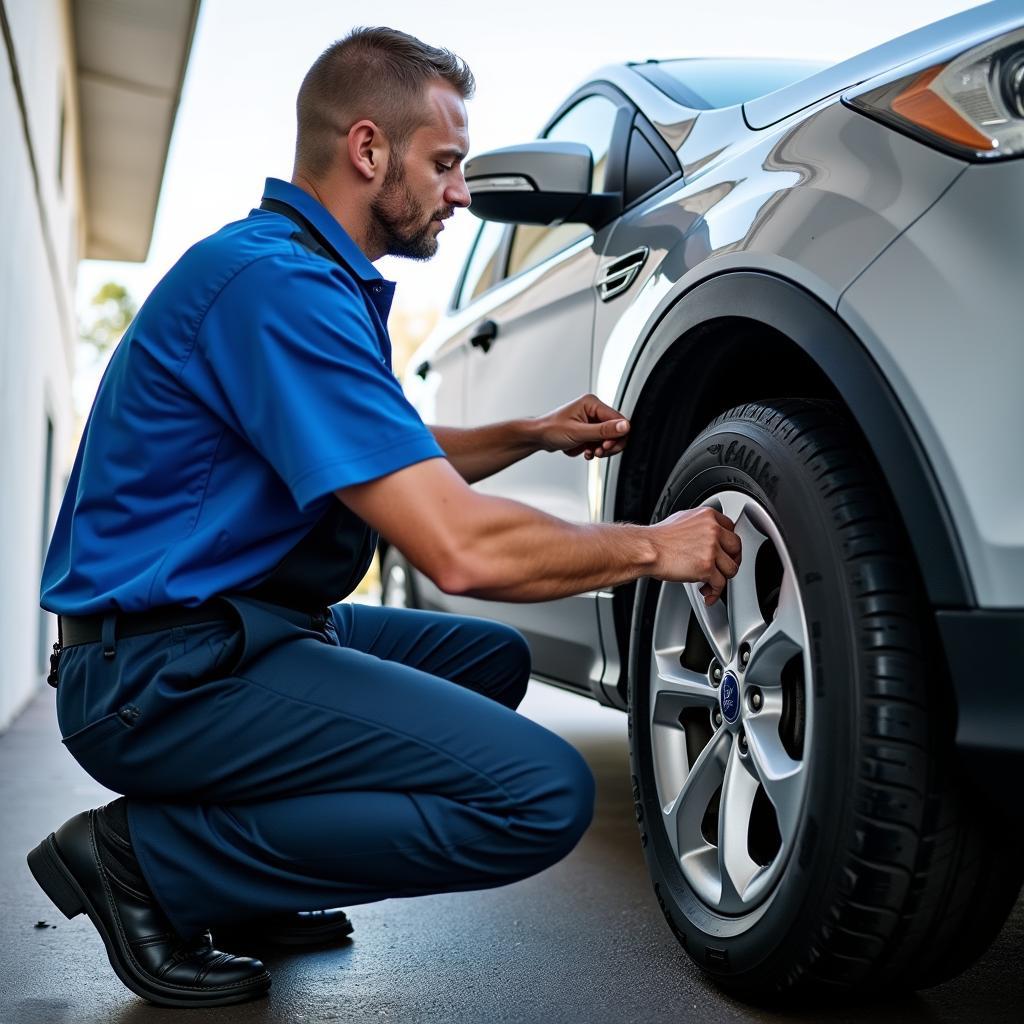 Ford Roadside Assistance Mechanic Changing Tire