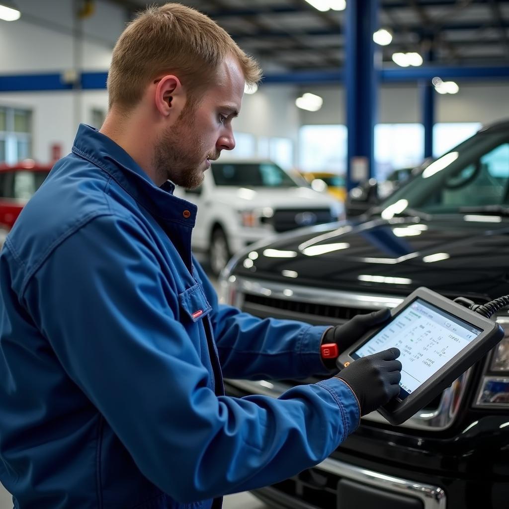 Ford Technician Performing Vehicle Inspection