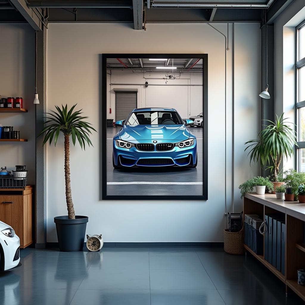 Framed BMW Car Service Poster in Garage