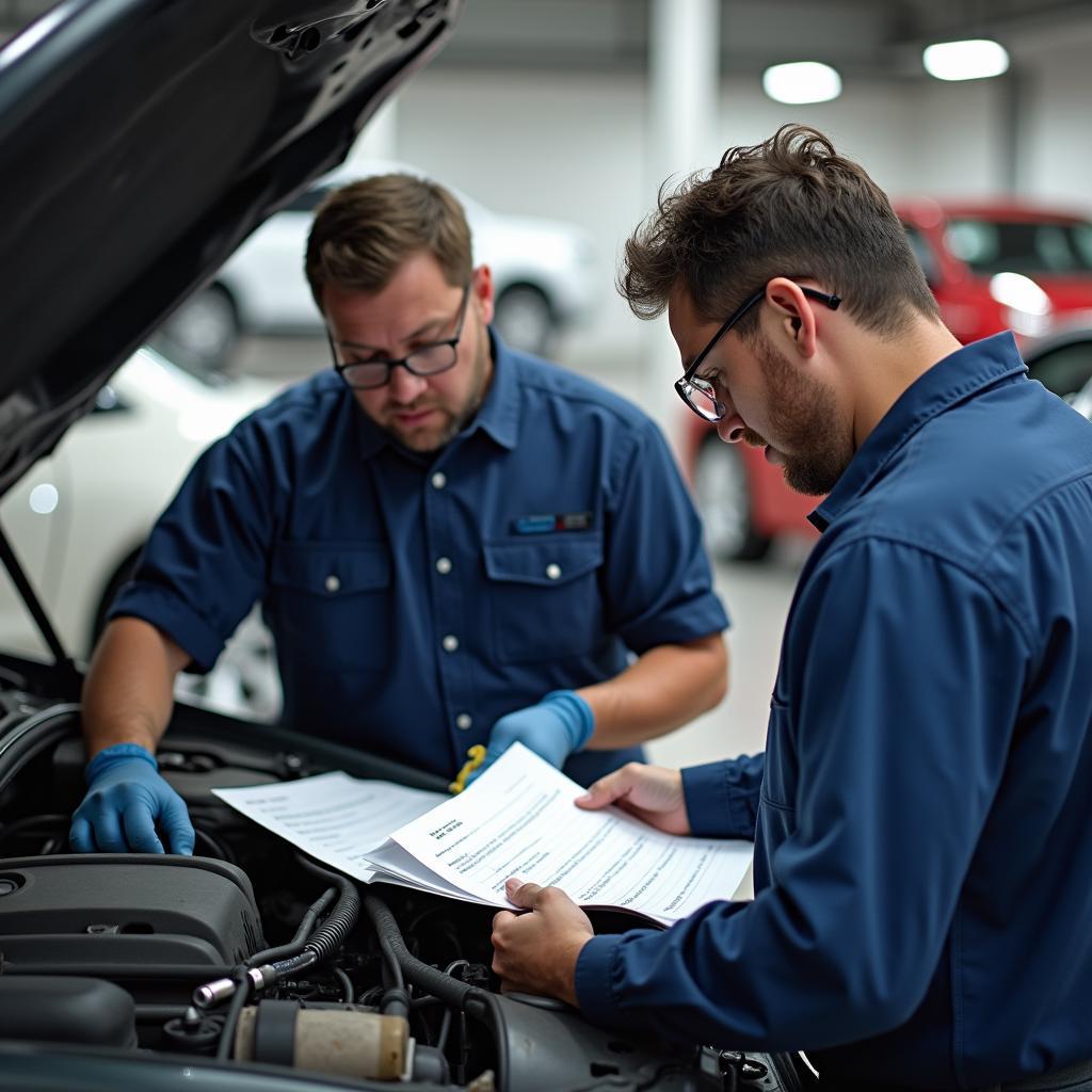 Two mechanics working in a garage, one with a basic checklist and the other with a detailed report