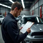 Mechanic inspecting a car service checklist