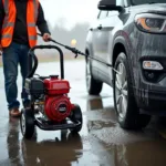 Gas-Powered Pressure Washer in Action at a Busy Service Station