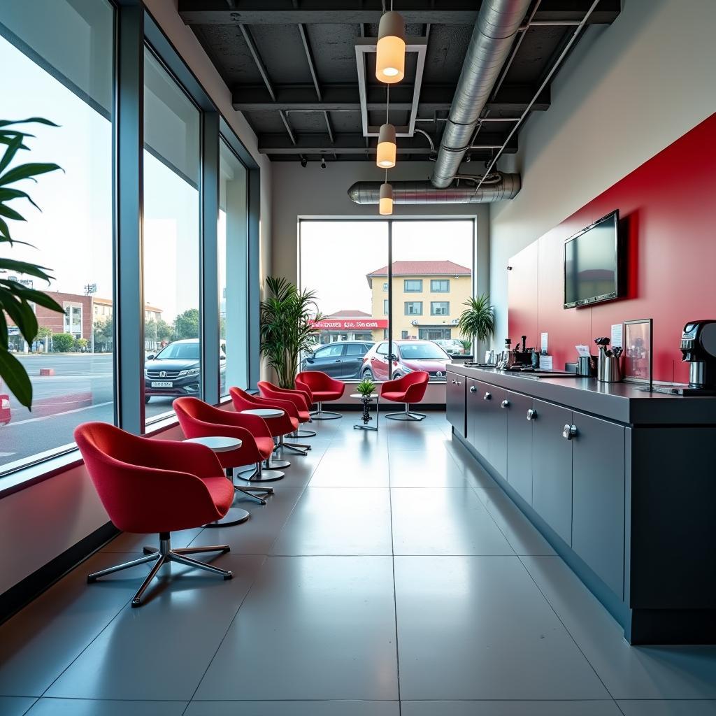 Spacious and comfortable customer waiting area at a Honda service center in Gwalior