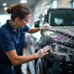 Two workers washing a car by hand