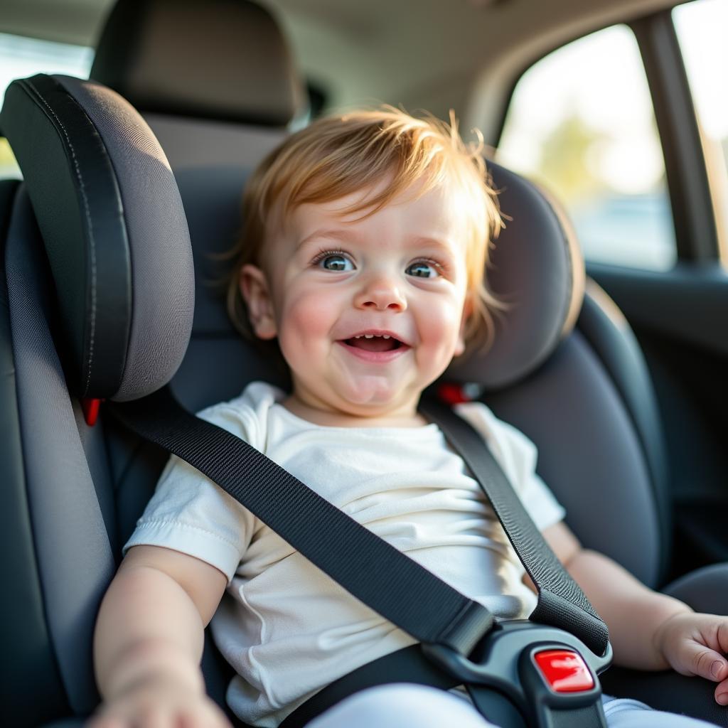 A happy baby sitting in a spotlessly clean car seat in Toronto