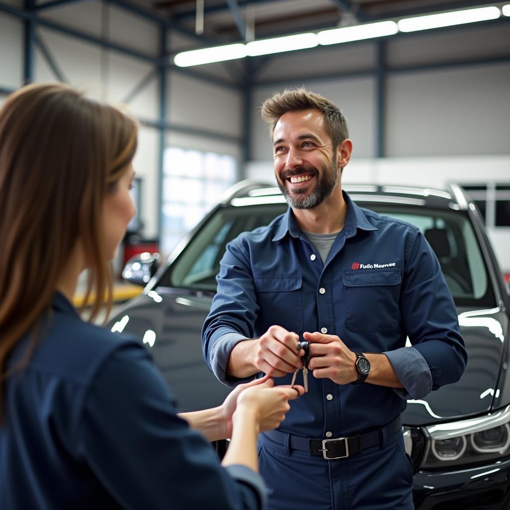 Happy Car Owner Receiving Keys from Mechanic