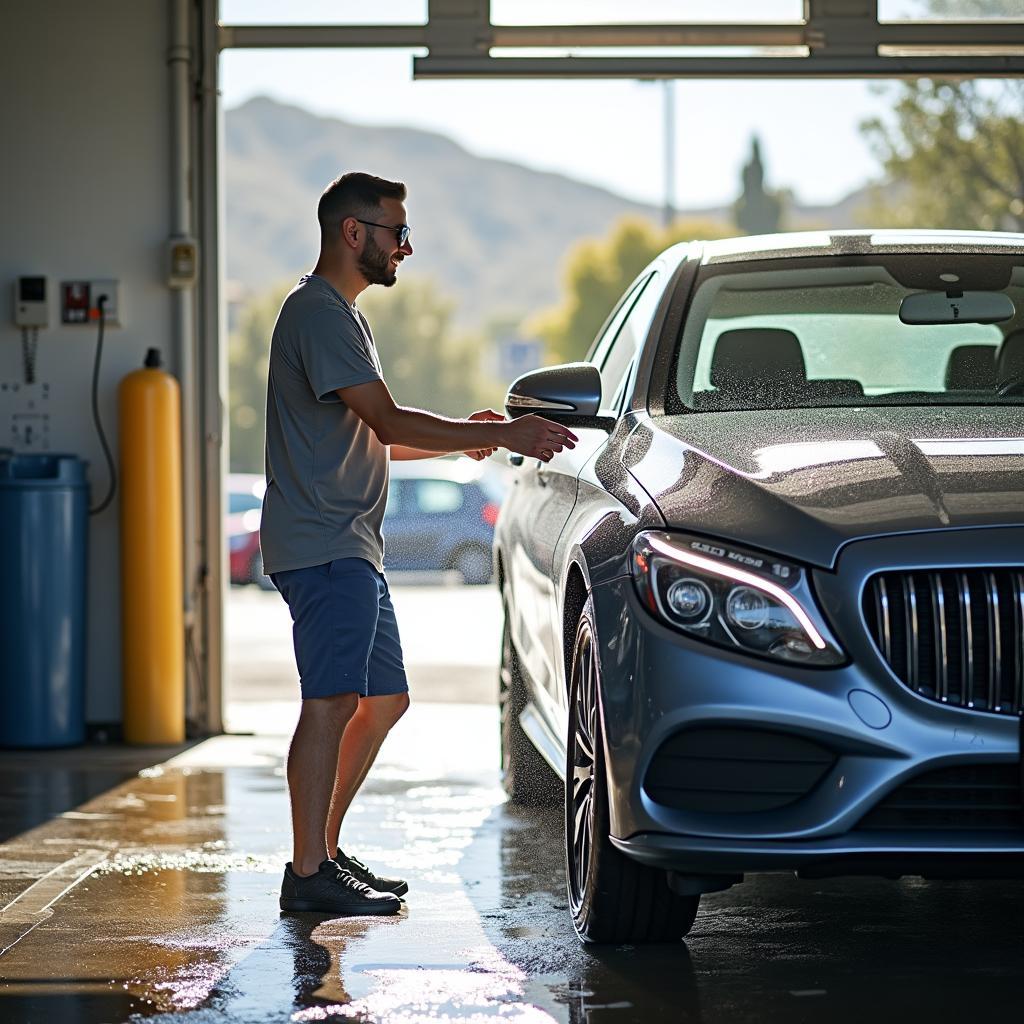 Happy Driver Washing Car in San Diego