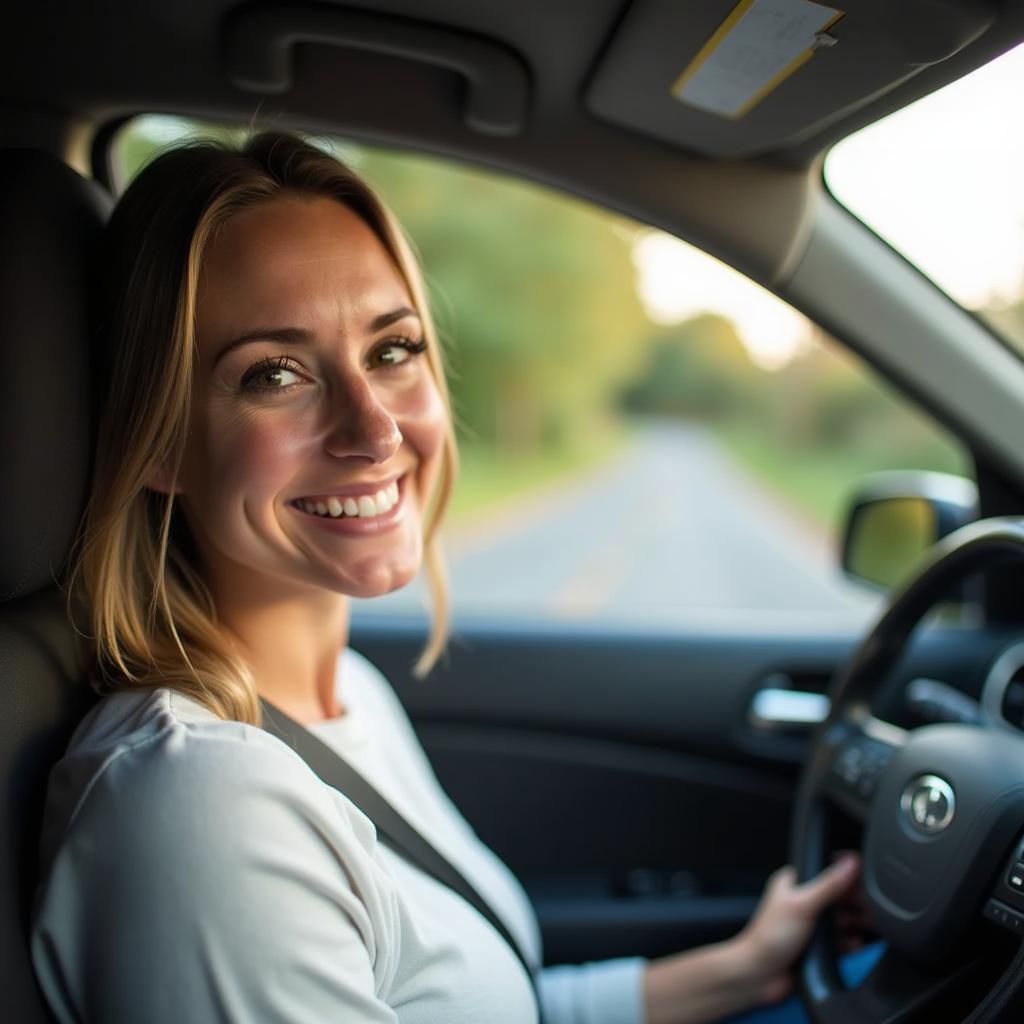  A happy driver behind the wheel on a scenic Hamptons road