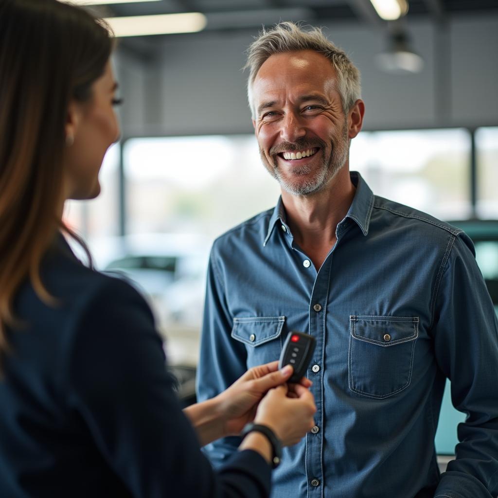 Smiling Mercedes-Benz owner receives their car keys after service