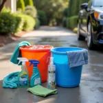 Home car wash setup with all the necessary equipment and supplies.