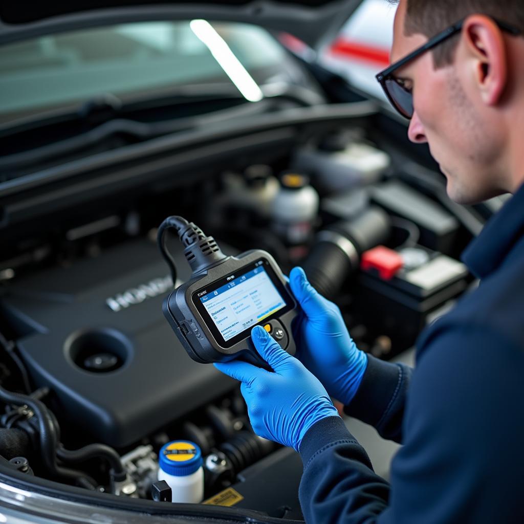 Skilled technicians using advanced diagnostic tools on a Honda car