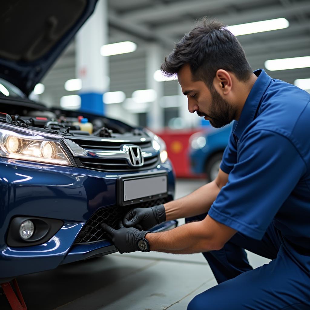 Regular maintenance being performed on a Honda car at a service centre in Cochin