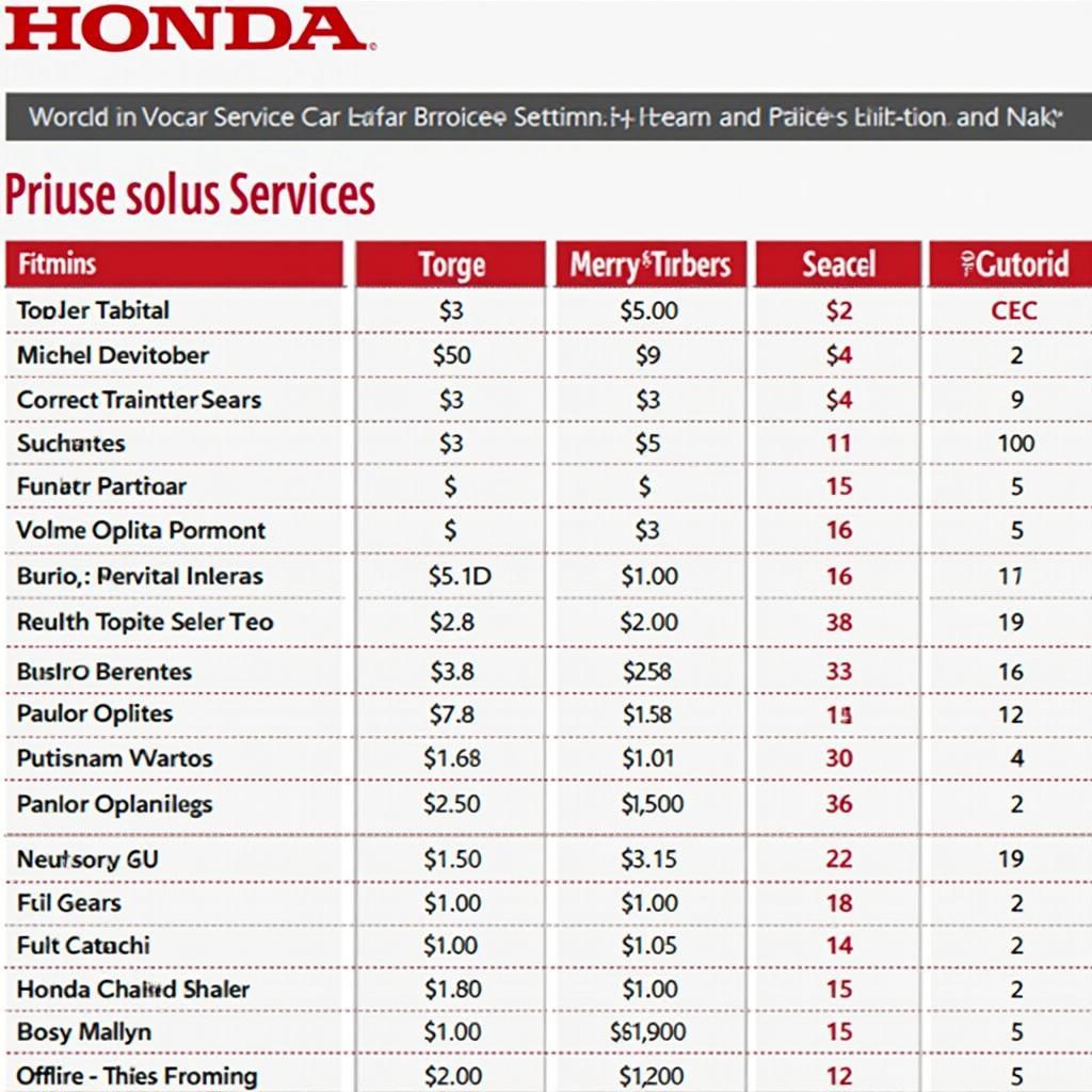 Honda Car Service Price List