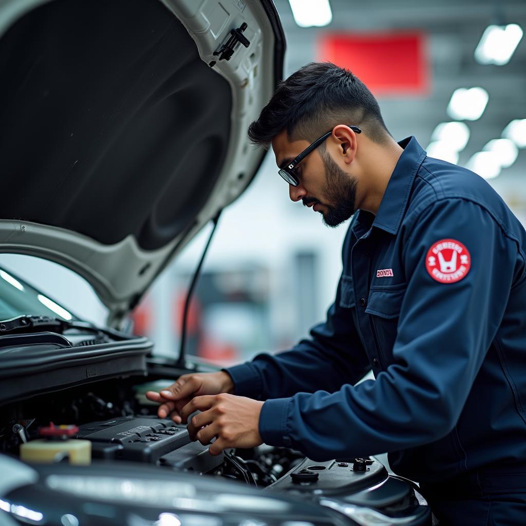 Honda certified technician working on a car engine in Bangalore