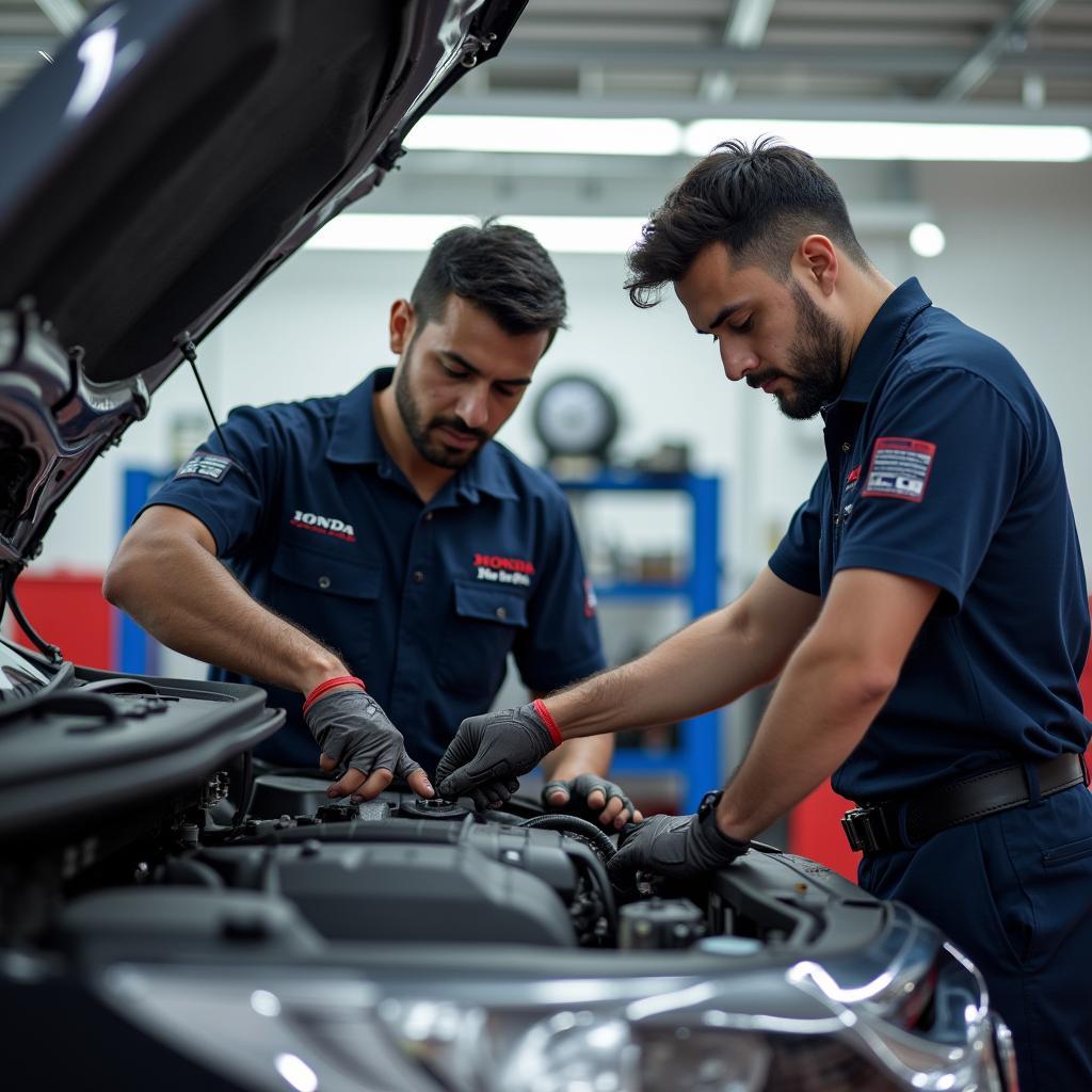 Honda Certified Technicians working on a car engine.