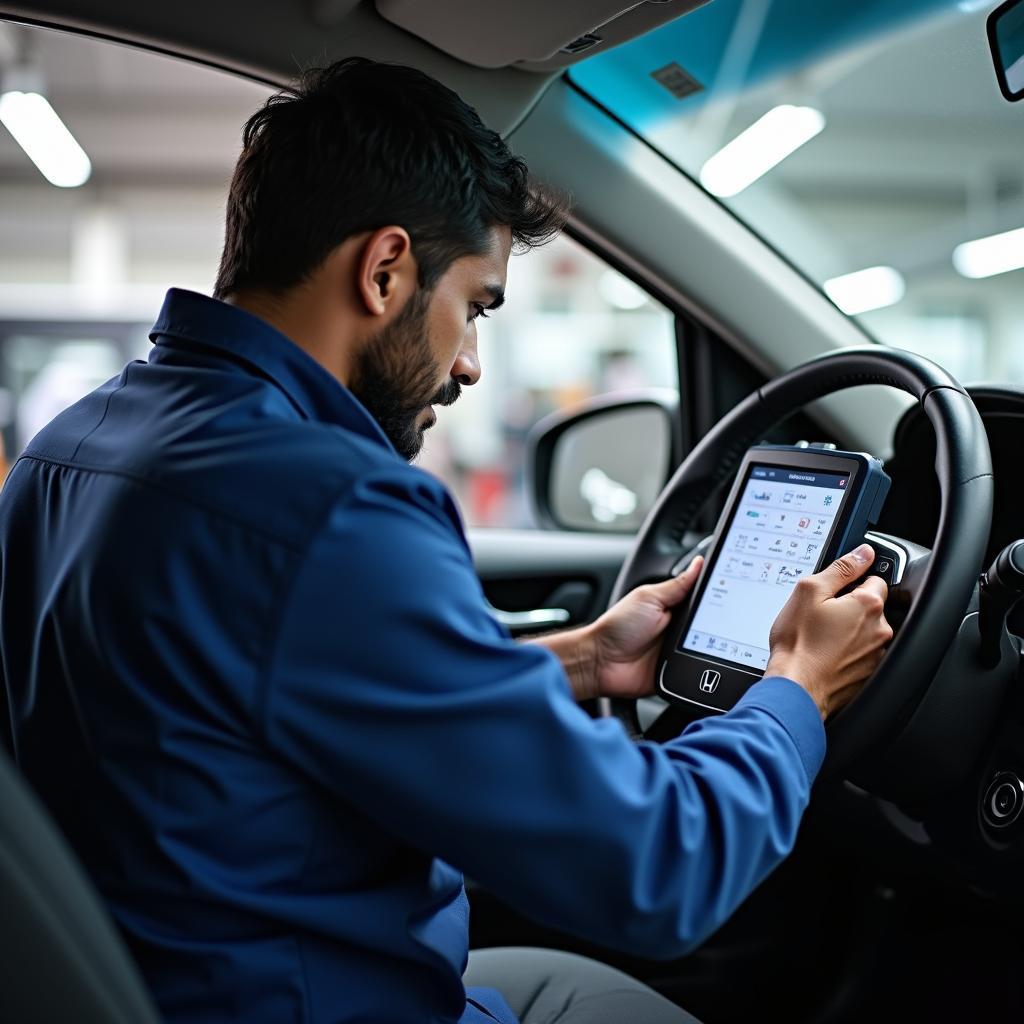 Skilled technician using a diagnostic tool on a Honda City in Rajasthan