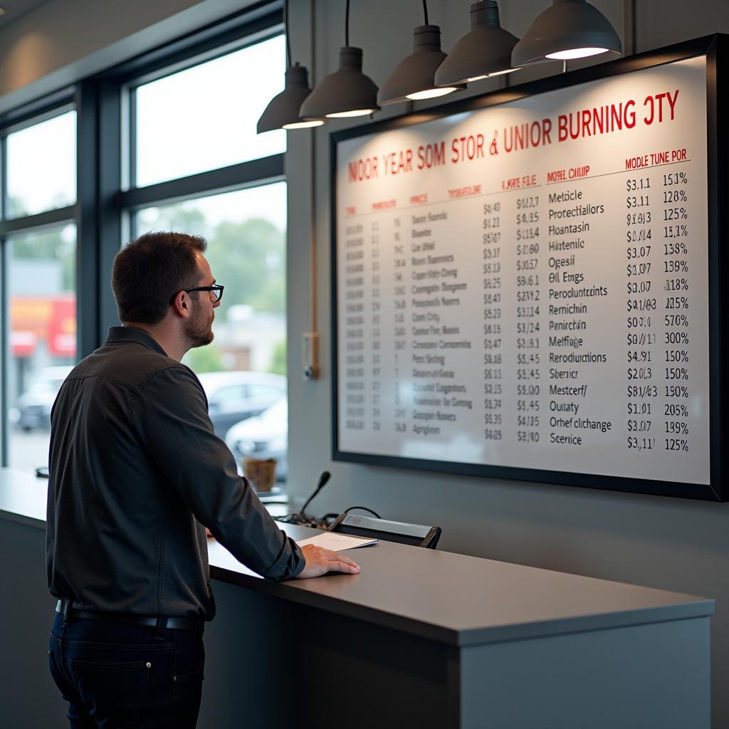 A transparent price list for common Honda City services displayed at a service center in Hyderabad