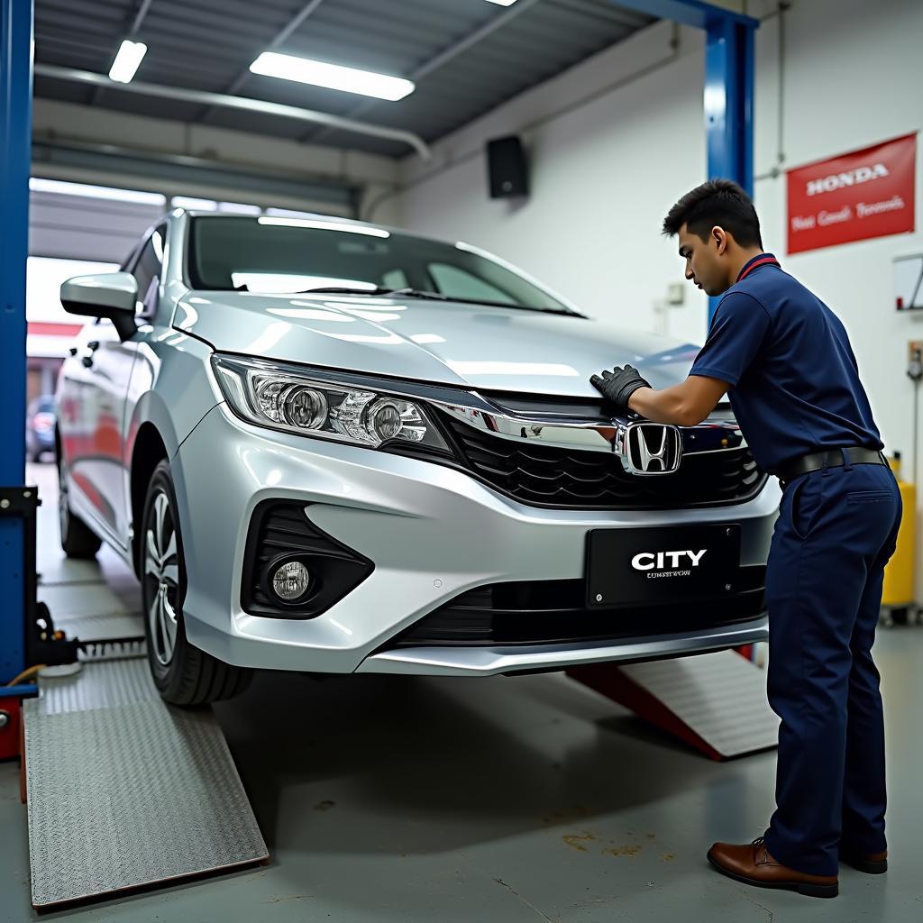 Honda City undergoing service at a Gwalior service center