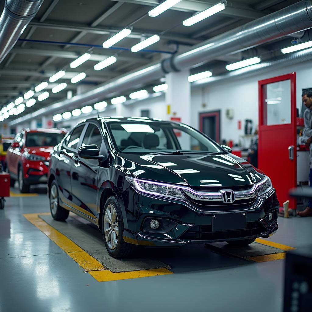 Honda City car being serviced in a modern garage in Rajasthan