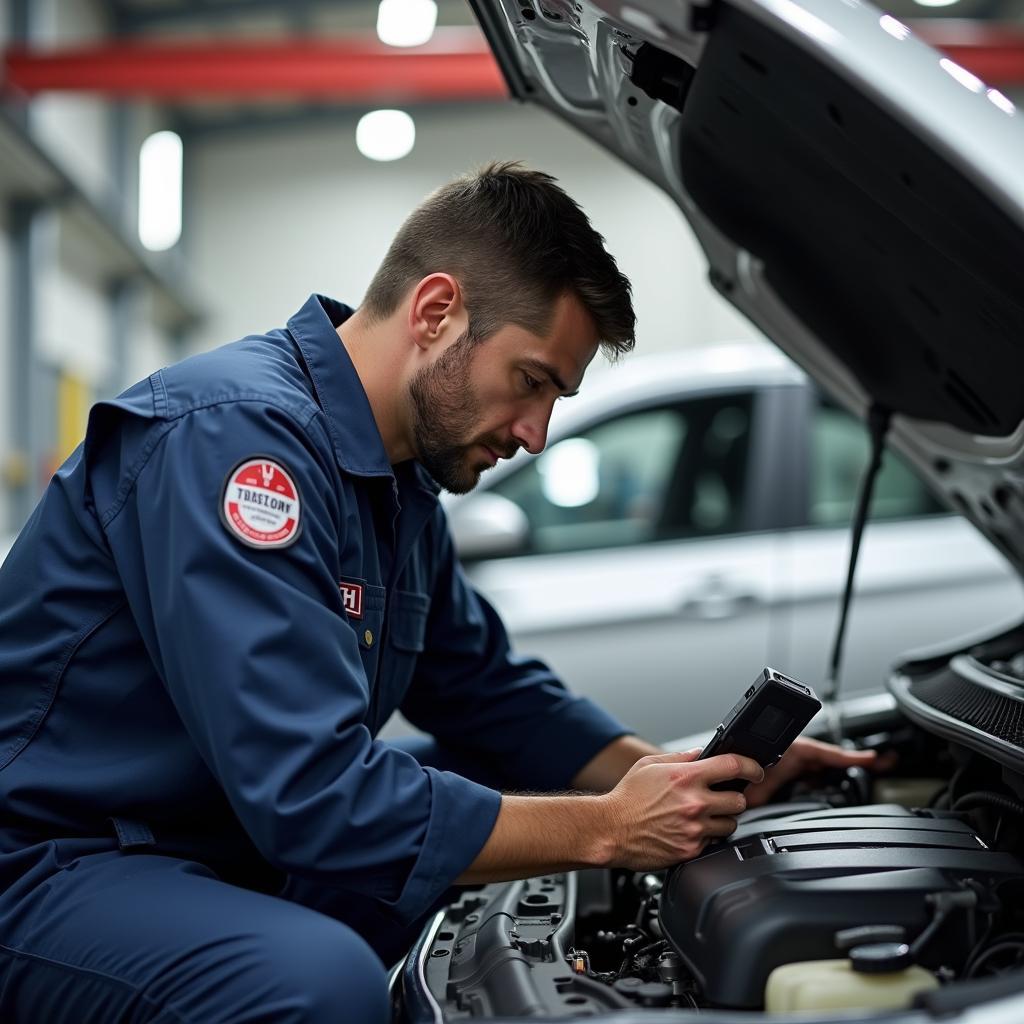 Honda Mechanic Inspecting Engine