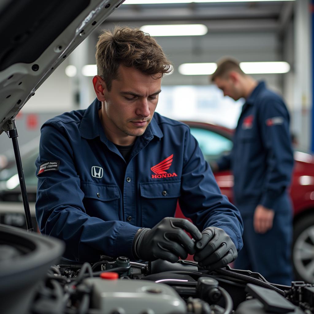 Honda Mechanic Working on Engine