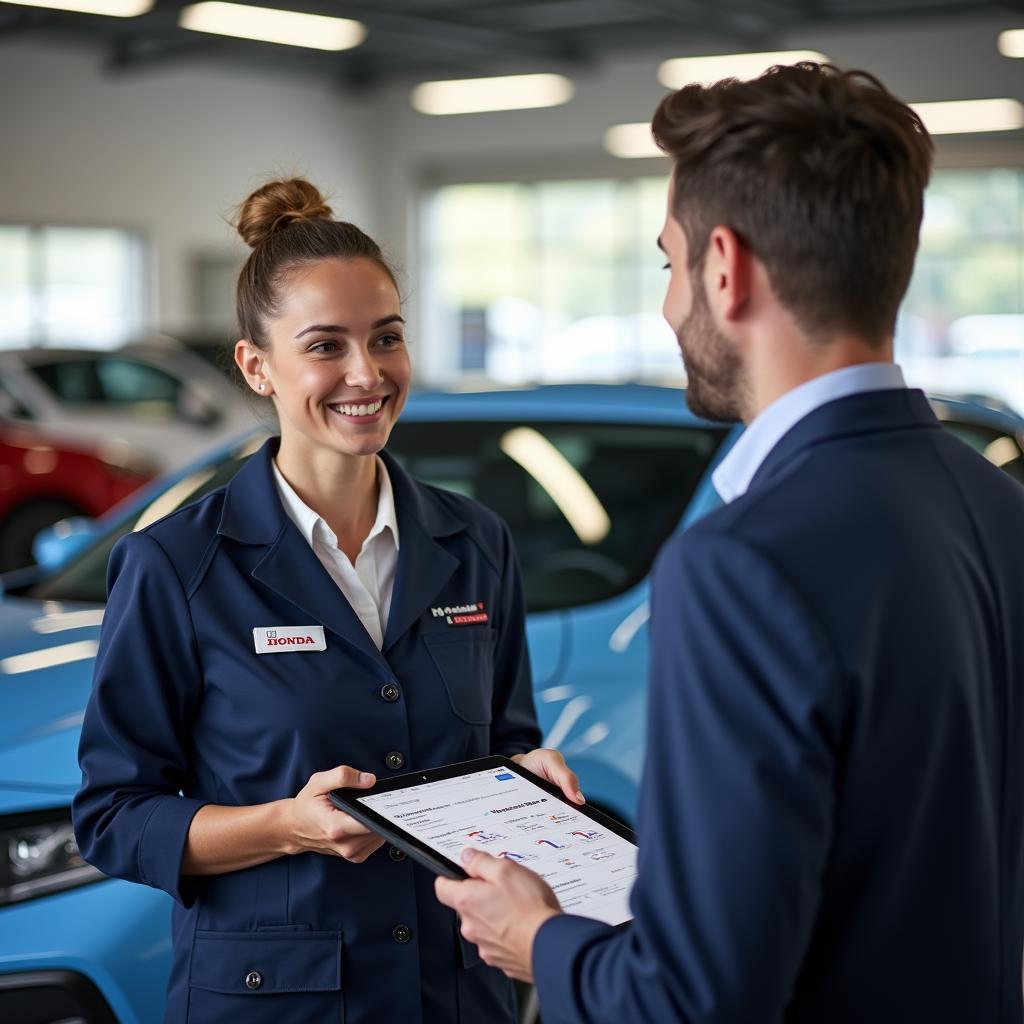 A friendly service advisor explains repair details to a Honda owner using a tablet, with the car visible in the background.