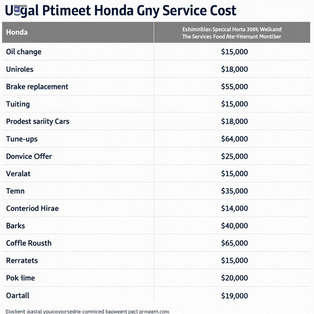 Honda Service Center Bidadi Pricing Chart