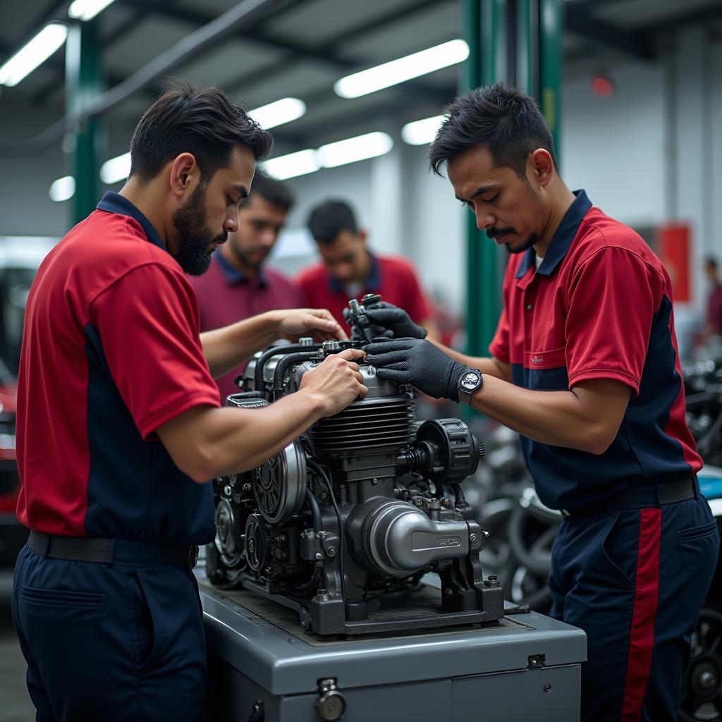 Skilled technicians working on a Honda engine in a modern service centre