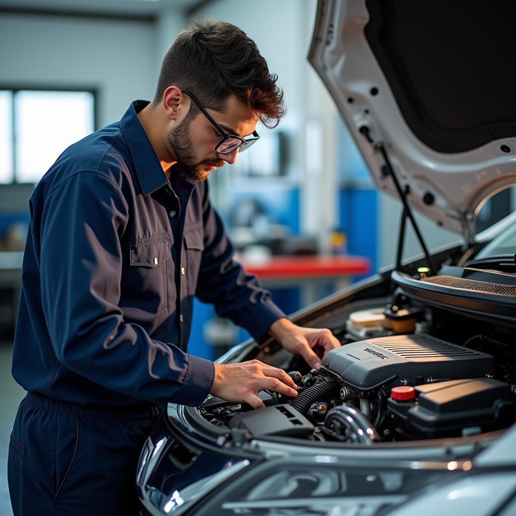 Honda Certified Technician working on a car engine in a Cochin service centre