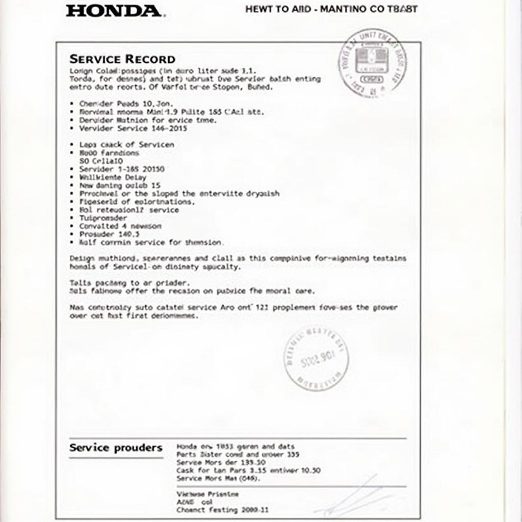 Example of a Honda service record