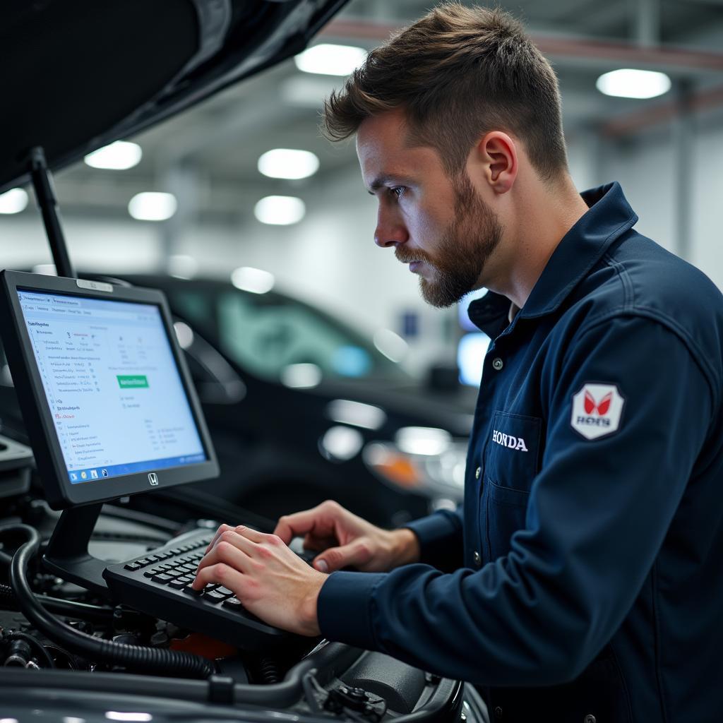 Certified Honda Technician Performing Vehicle Diagnostics