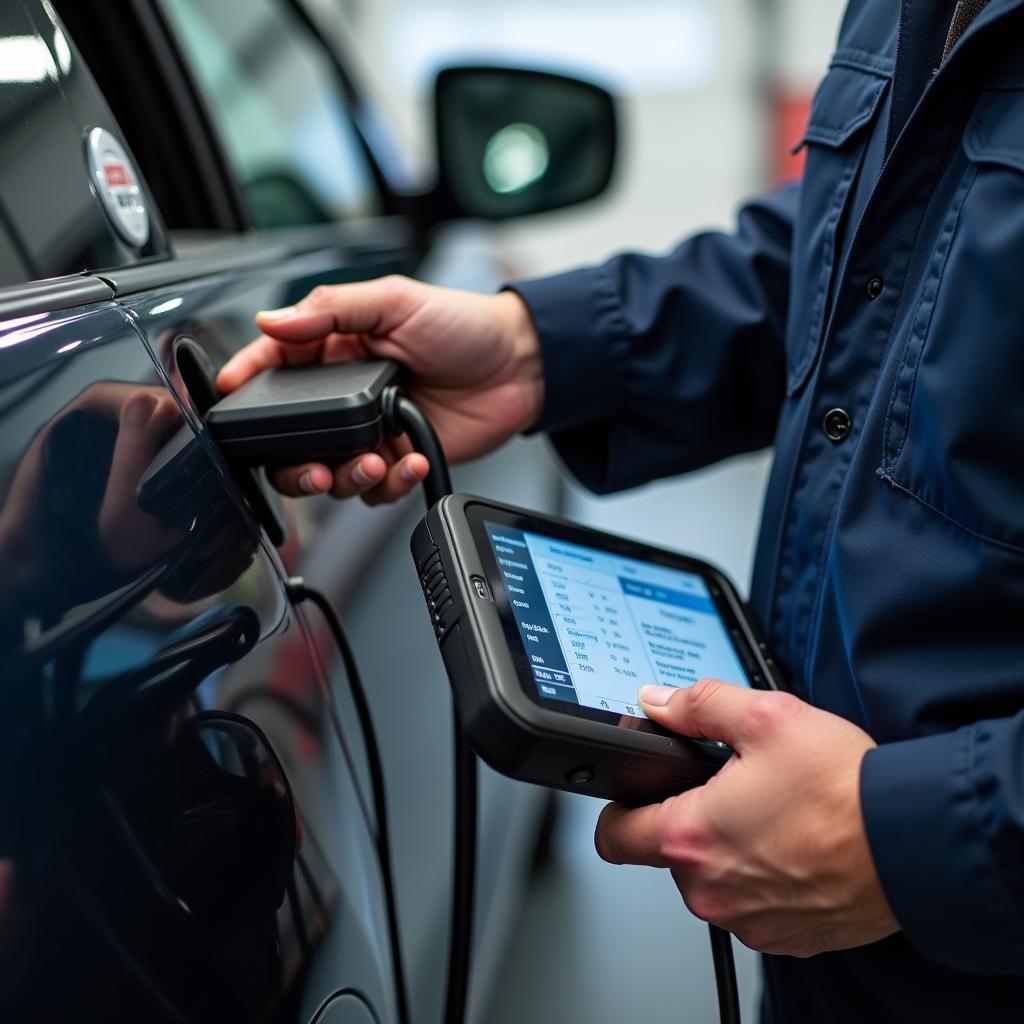 Honda technician using a diagnostic tool on a vehicle