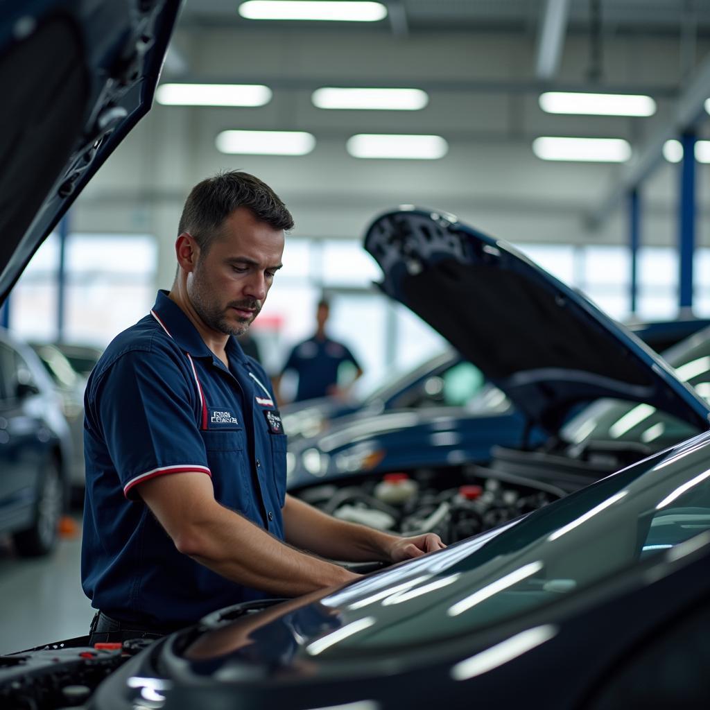 Honda technician working on car in service center