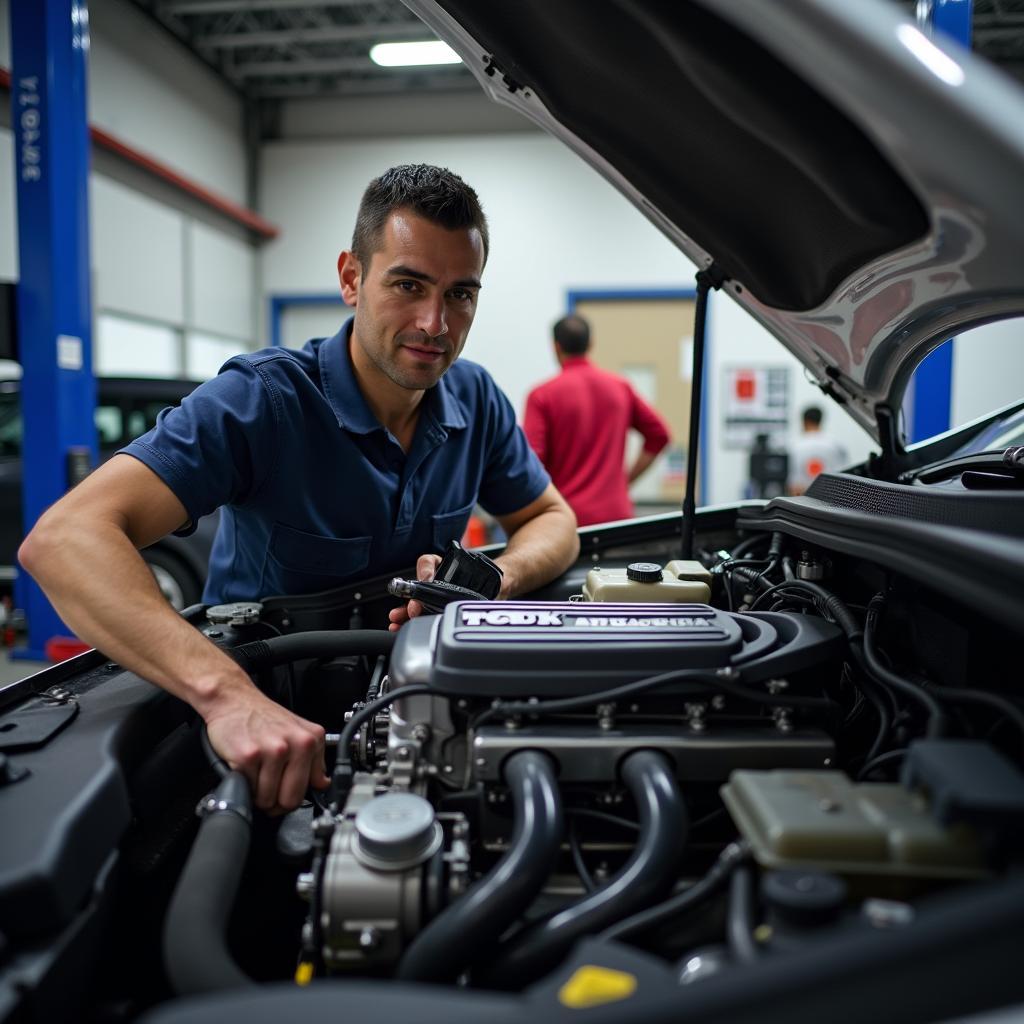 Honda Technician Working on a Car in an Authorized Service Center