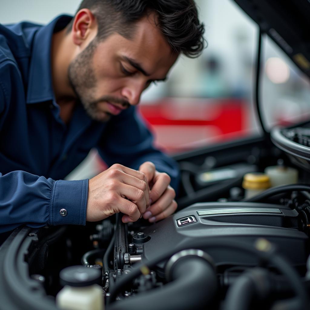 Honda technician working on a car engine