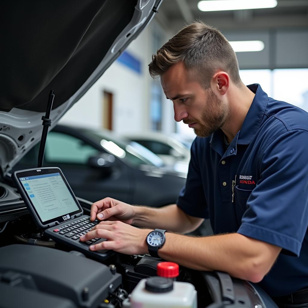 Honda Technician Performing Engine Diagnostics