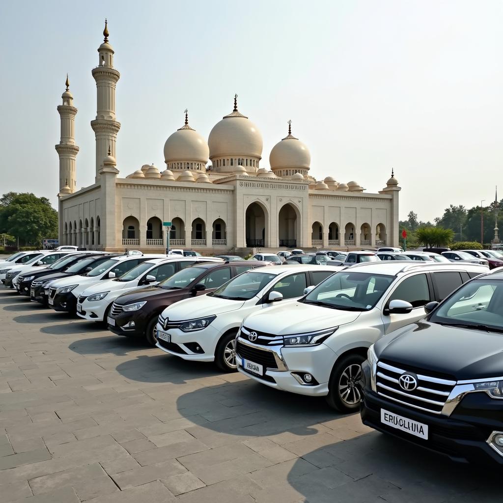 Rental cars parked in front of a mosque in Hyderabad