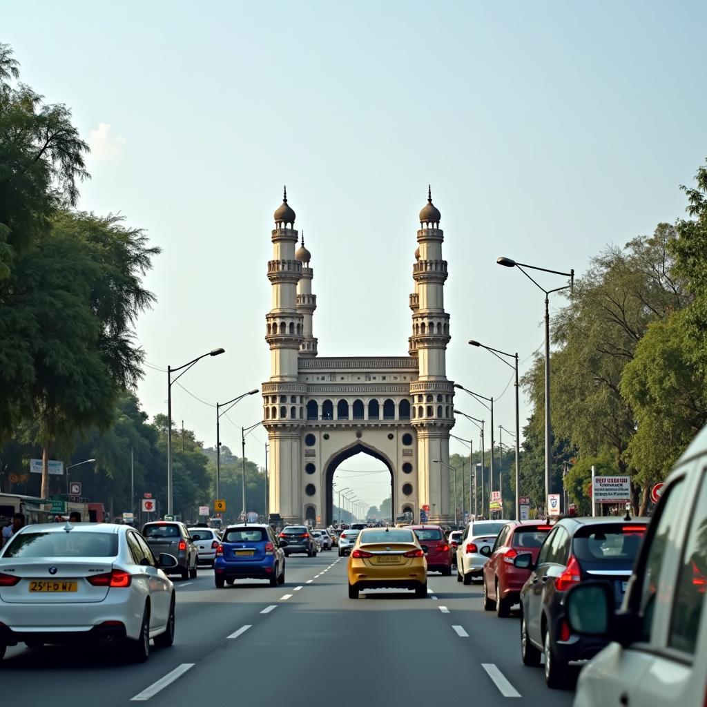 Traffic in Hyderabad with a view of the Charminar in the background