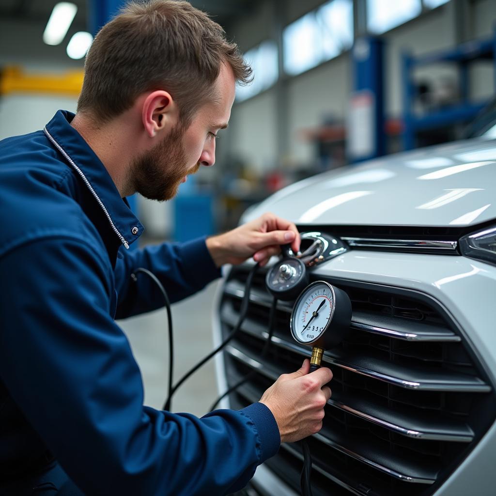 Hyundai AC service technician checking refrigerant level