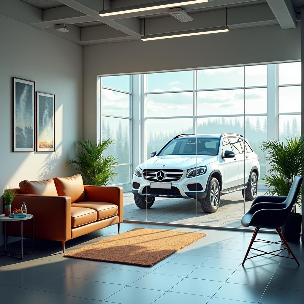 Interior view of a Hyundai car service center in Noida, featuring a comfortable waiting area and transparent service bays.