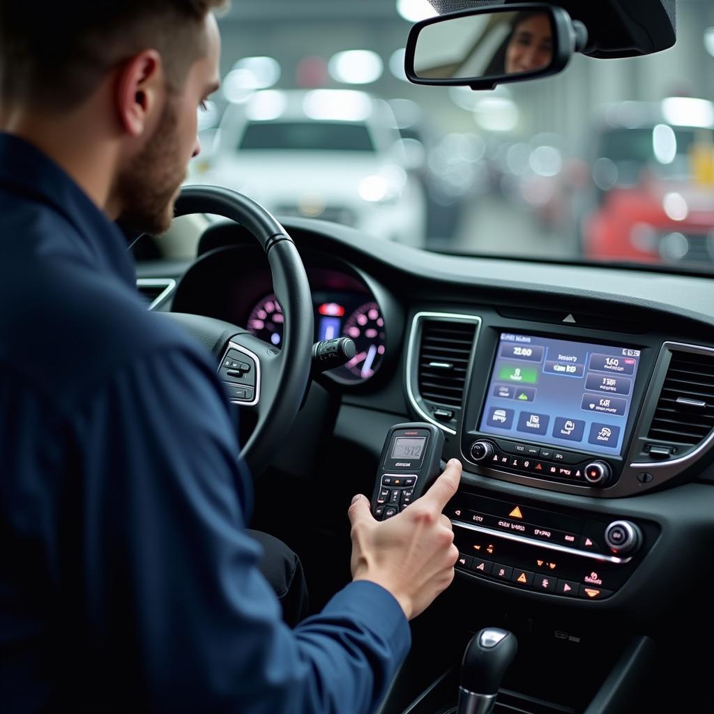 Hyundai technician using a diagnostic computer