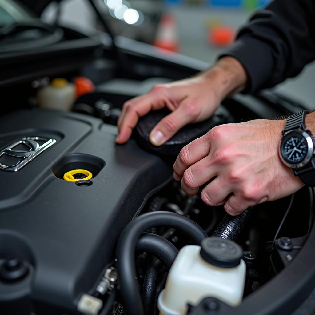 Mechanic Inspecting Hyundai Elite i20 Engine