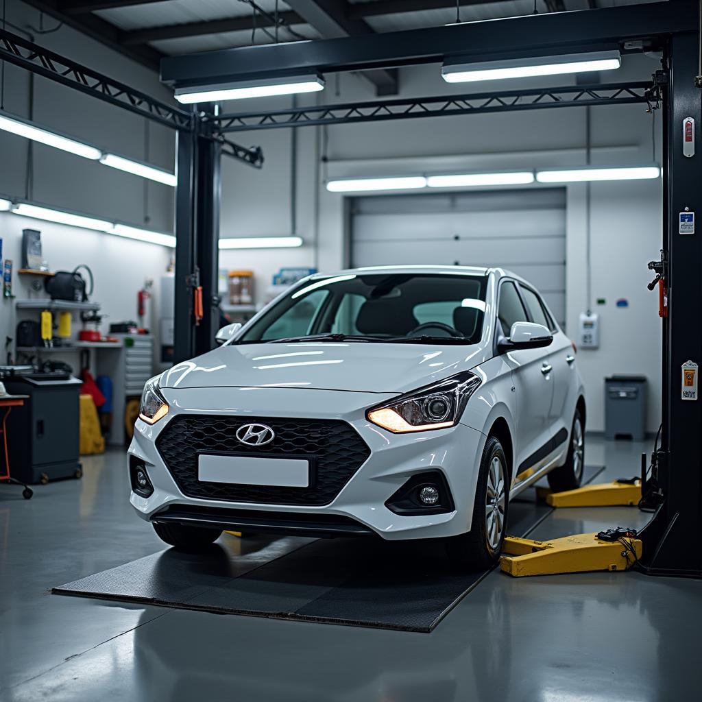 Hyundai Elite i20 on a Lift in a Garage