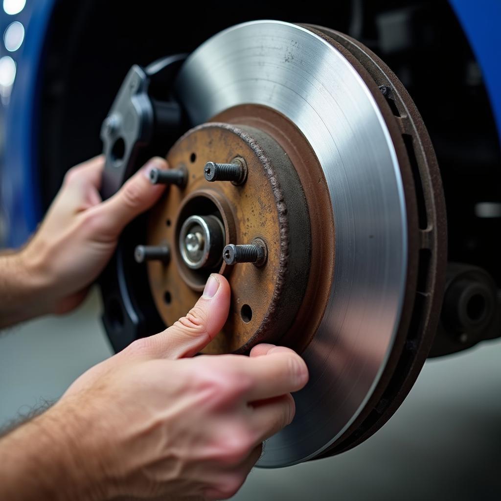 Inspecting the brake pads on a Hyundai Eon