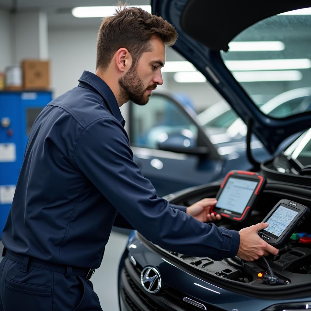 hyundai technician diagnosing car