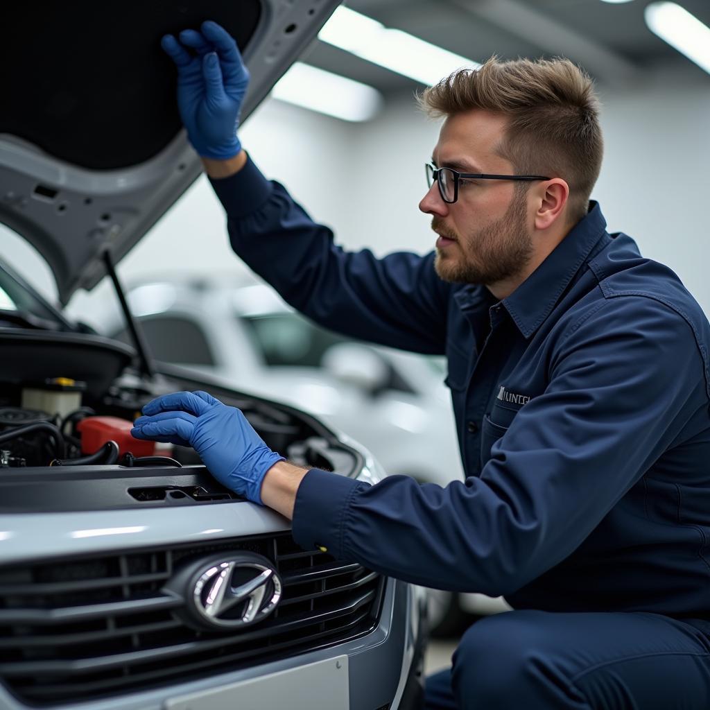 Hyundai Technician Inspecting Car