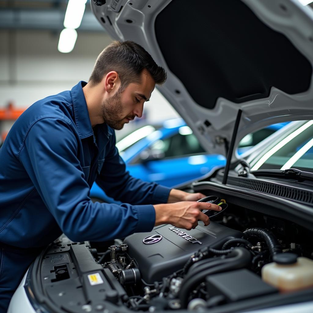 Hyundai Technician Inspecting Engine