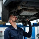 Mechanic inspecting a Hyundai Xcent