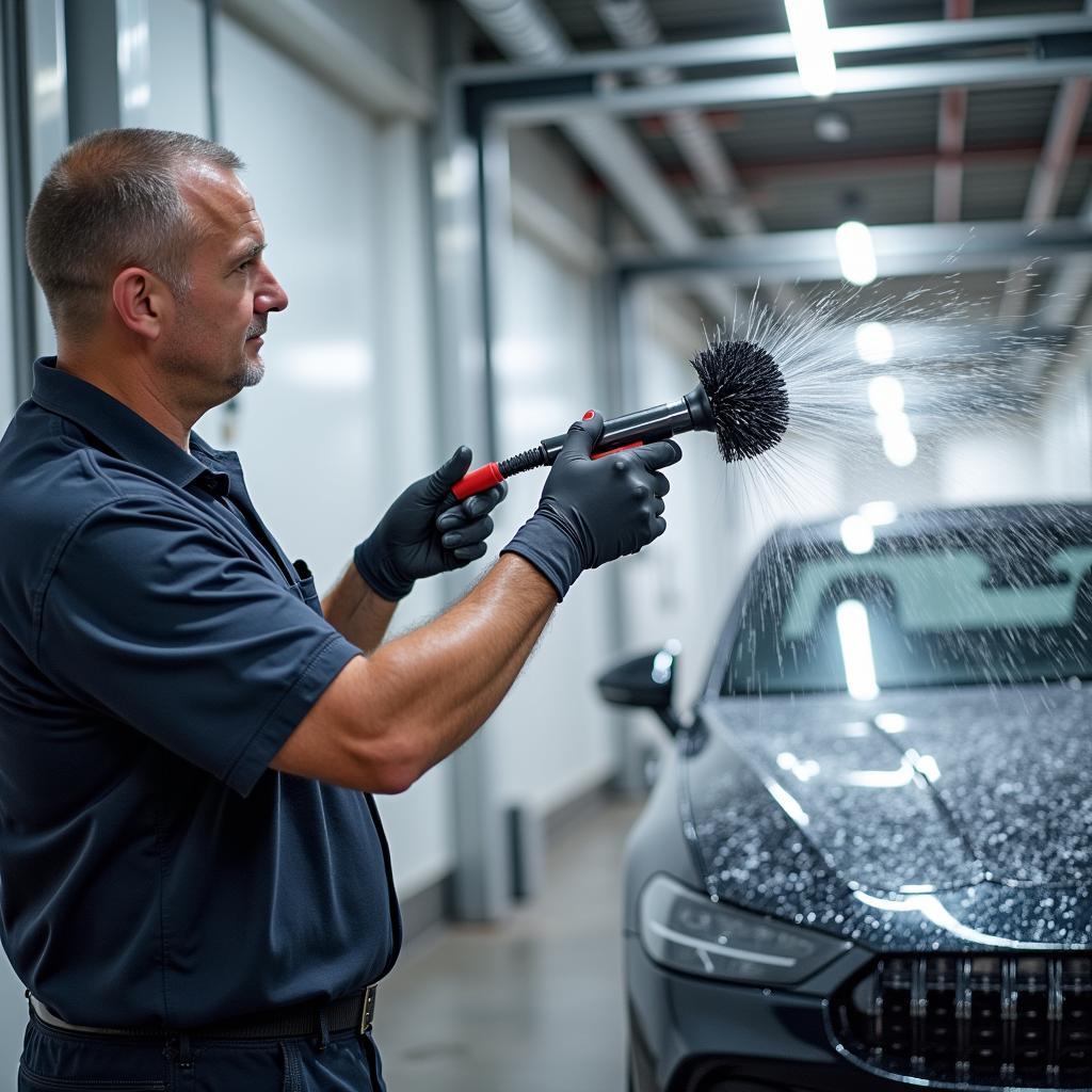 Technician Performing Maintenance on an In-Bay Automatic Car Wash System